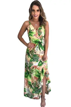 

Summer Beach Floral Print Sheer Mesh Irregular Ruffles Dress Women Sexy Strapless Backless High Slit Long Party Dresses