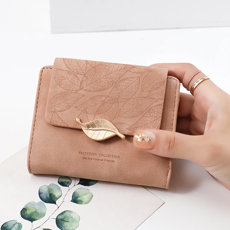 

Women's Short Wallets New Vintage Frosted PU Leather Folding Coin Purse Female Simple Leaf Hasp Card Holder Trend Wallet