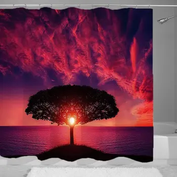 

Landscape Single Tree with Sunset Shower Curtain Decor by Red Sky Reflect On Water,100% Waterproof Fade Resistant Polyester