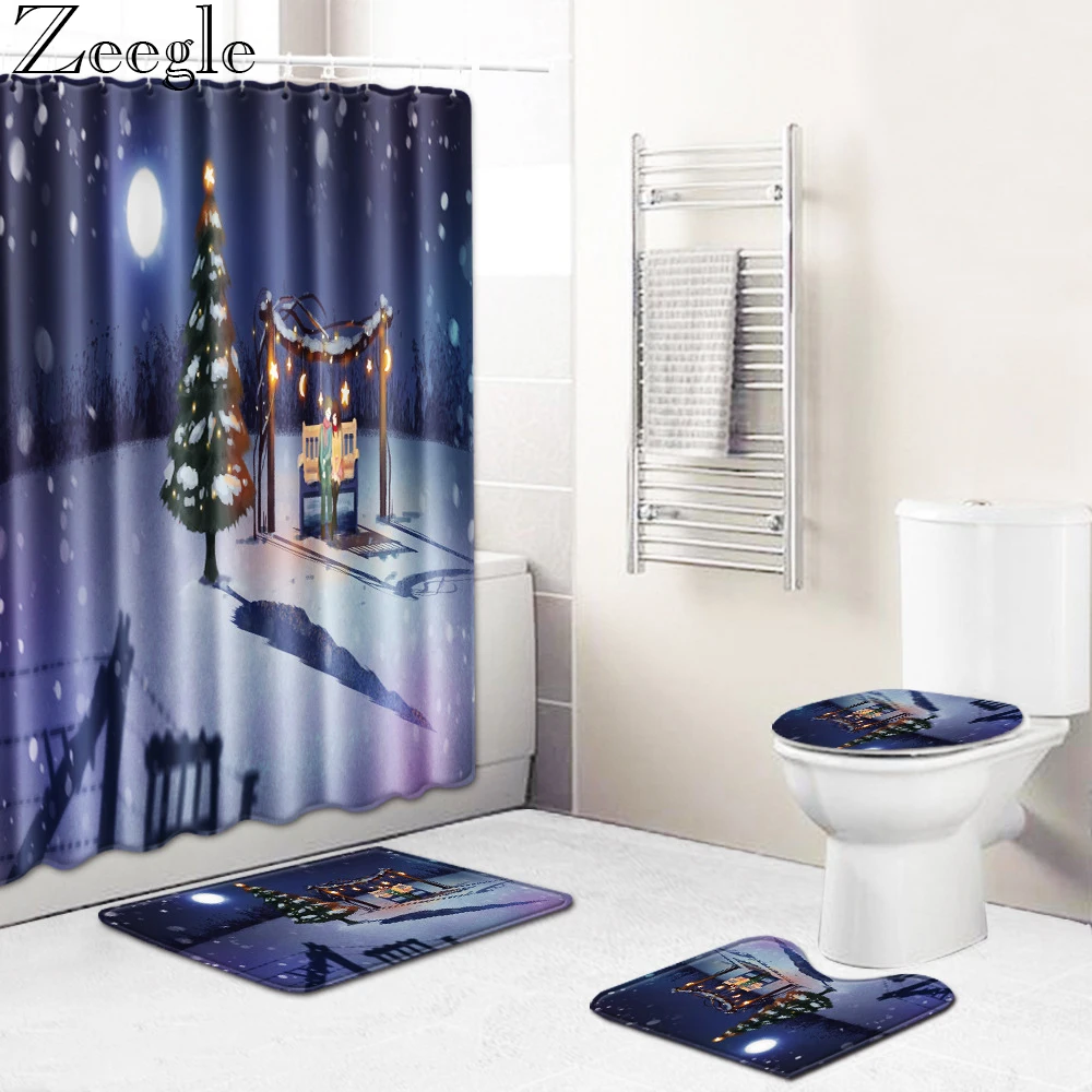 Zeegle Christmas Bath Curtain Waterproof Shower Curtain Non-slip Bathroom Rug Absorbent Toilet Cover Mat Washable Bath Mat Set