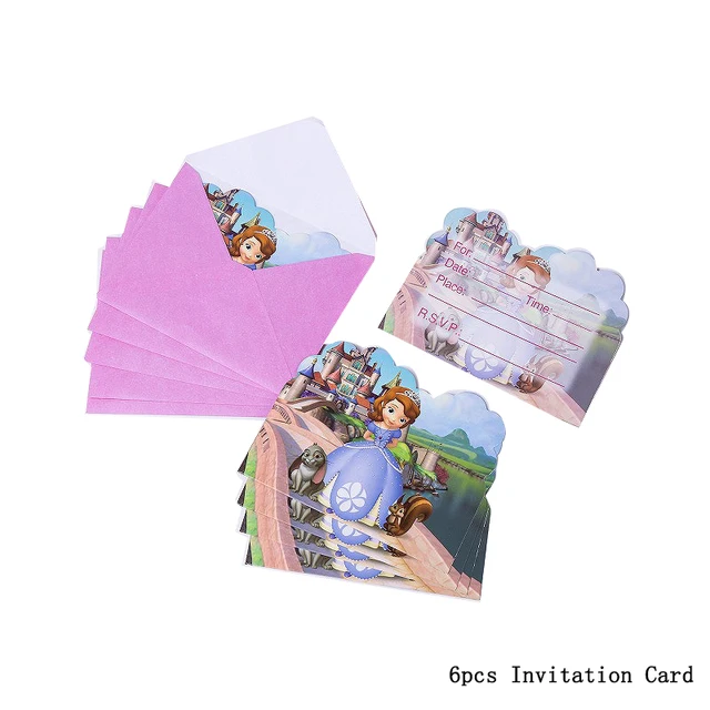New Disney Sofia Princess Theme Party Disposable Tableware For Decorations Birthday Party Baby Shower Napkin Plate Cup Supplies 6pcs Invitation Card