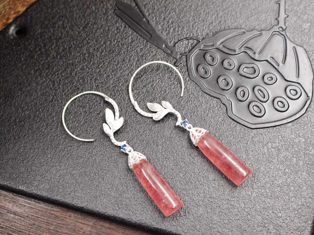 925 серебряные серьги с натуральным клубничным кристаллом