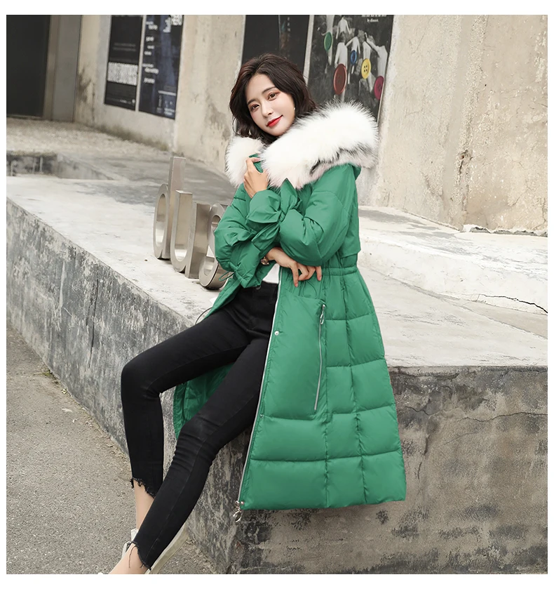 Cotton-padded Clothes Thick over-the-Knee Long Sleeve Slimming Fashion Korean-style High Imitation Large Fur Collar Bow Mid