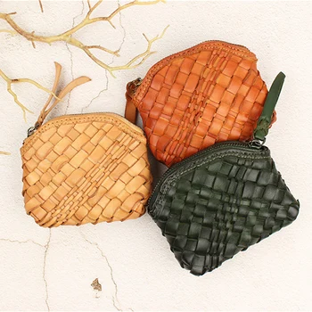 

Ellacey Vintage Cow Leather Shell Coin Purse Genuine Leather Small Wallet Woven Purse Female Coin Pocket Tanned Key Card Holder