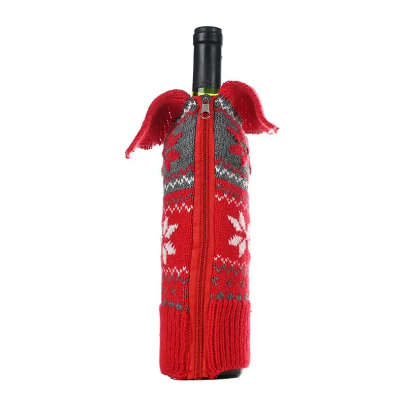 2pcs Christmas Bottle Zippered Cover Christmas Bottle Knitting Pouch Snowflake Printing Red Wine Bottle Cover Xmas Party - Цвет: 1 piece