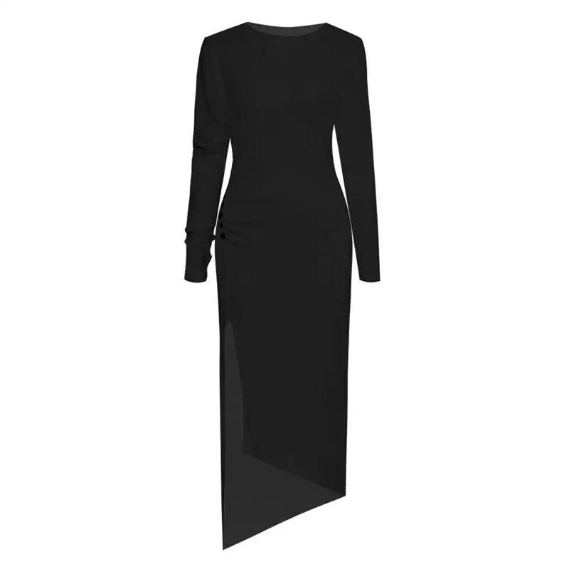 GoodliShowsi Fashion Runway Women's Sexy Sheath Dress Asymmetrical Solid Color O-Neck Split Lady Sweater Bodycon Dress 2 Colors - Цвет: Черный