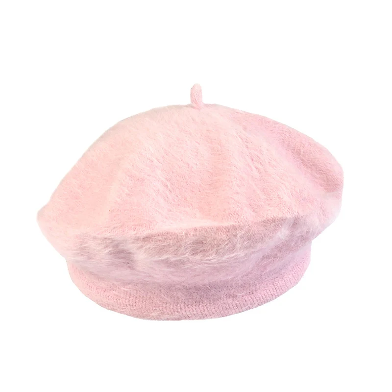 Новые Женские однотонные береты пушистые простые шикарные маленькие круглые женские кепки на осень MV66 - Цвет: Розовый