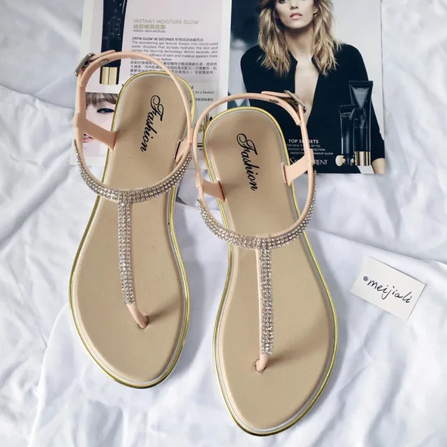 Koovan أحذية نسائية 2021 الصيف حجر الراين حذاء مسطح كليب T-نوع حزام الأحذية الرومانية منخفضة الصنادل النساء الصنادل البلاستيكية الشاطئ 4