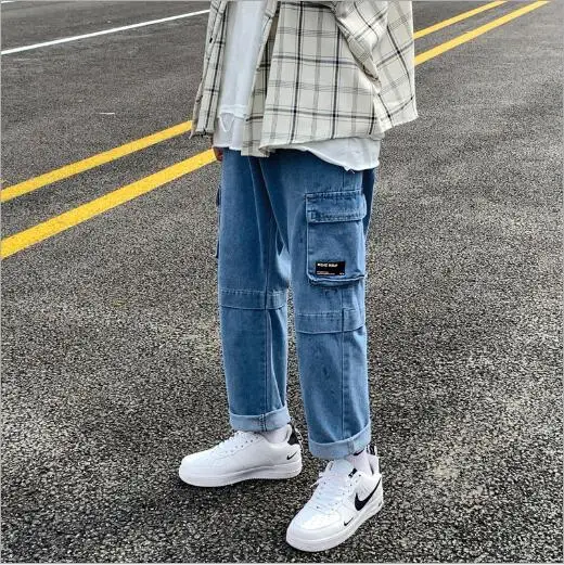 2021men Solid Straight Ankle Length Pockets Loose Spring And Autumn Mens Fashion All Match Daily Simple Harajuku Chic jean