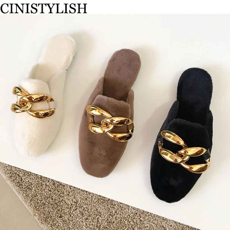 

Women Winter Warm Mules Plush Chain Slippers Round Toe Slip On Flat Heel Casual Shoes Fashion Metal Buckle Home Slides Mujer New