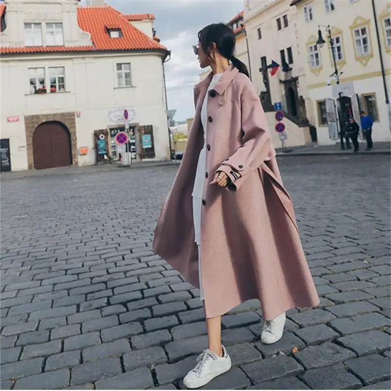 2019 New Korea Style Pink Cashmere Outwear Casual Long Turn Down Collar Adjustable Waist Winter Woolen Women Coat 2019 New Korea Style Pink Cashmere Outwear Casual Long Turn Down Collar Adjustable Waist Winter Woolen Women Coat