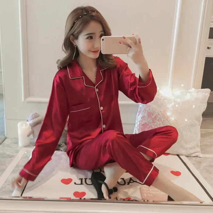 Silk Women Pajamas Girls Pijamas Suit Satin Nightdress Pyjama Long Sleeve Tops Long Pants Set JL