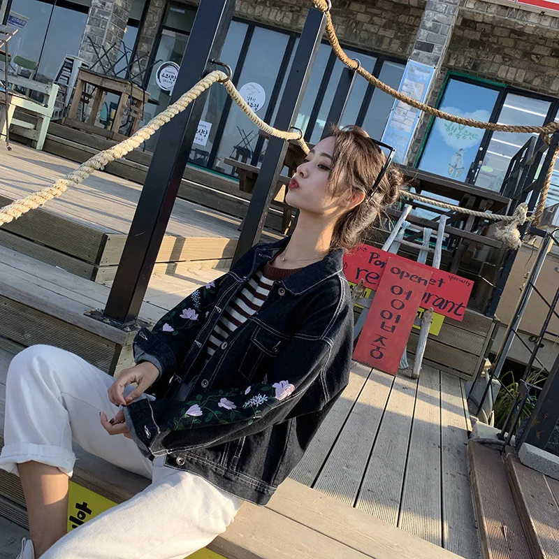 

2019 Autumn And Winter New Style Embroidery Flower Jeans Coat Women's Short Students Loose-Fit BF Style Jacket