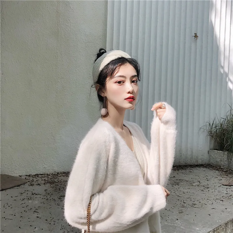 Alien Kitty Retro Mink-velvet Winter All-Match Chic Sweet V-Neck Vintage Brief Solid Warm Soft Knitted Cardigans Sweaters