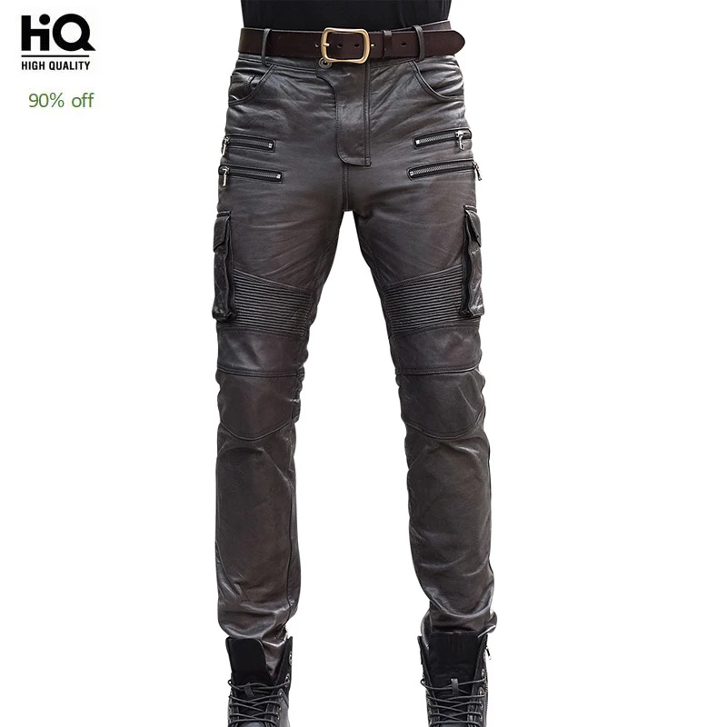 

Mens Autumn Winter Sheepskin Real Lether Pencil Pants Multi Pocket Tactical Pants Leather Motorcycle Slim Fit Long Trousers 36