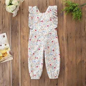 

Girls Jumpsuit 2020 Summer New Baby 1-3 Years Old Sleeveless Open Back Floral Shirt with Long Pencil Pants 2in1 Trousers