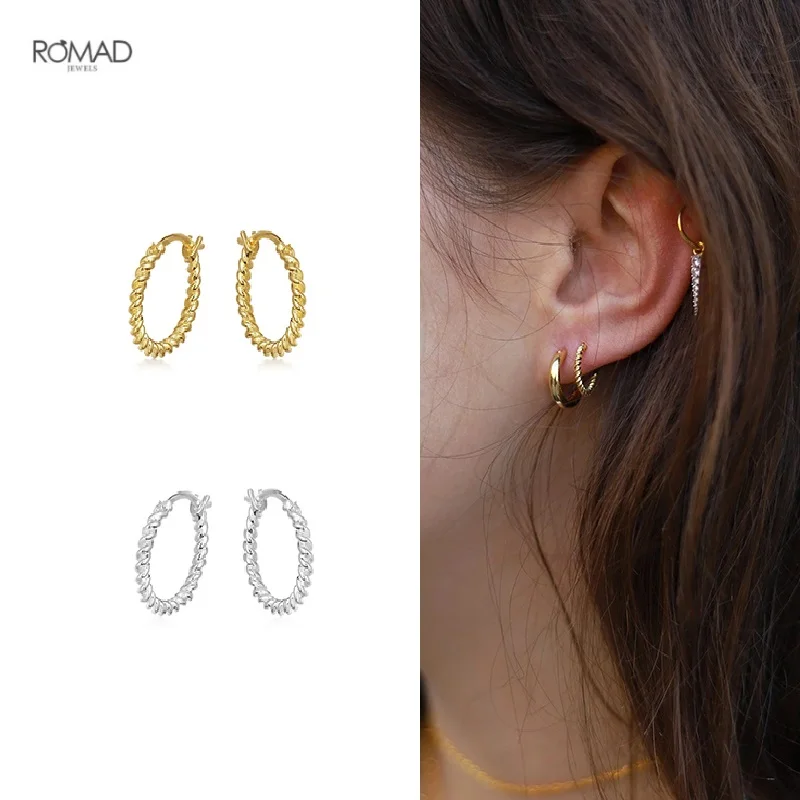 

ROMAD 925 Sterling Silver Twisted Hoop Earrings For Women Geometric INS Glossy Round Pierced Earings Fine Jewelry Gift kolczyki