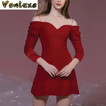 

2020 New Elegant Spring Autumn Women Patchwork Mesh Off Shoulder Dresses Lady A-line High Street Designer Party Mini Dress