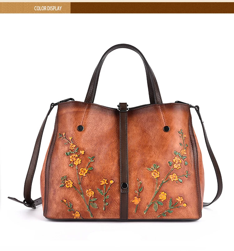 Винтажная женская сумка из натуральной кожи с тисненым цветком, женская сумка через плечо, ручная цветная женская сумка через плечо из воловьей кожи