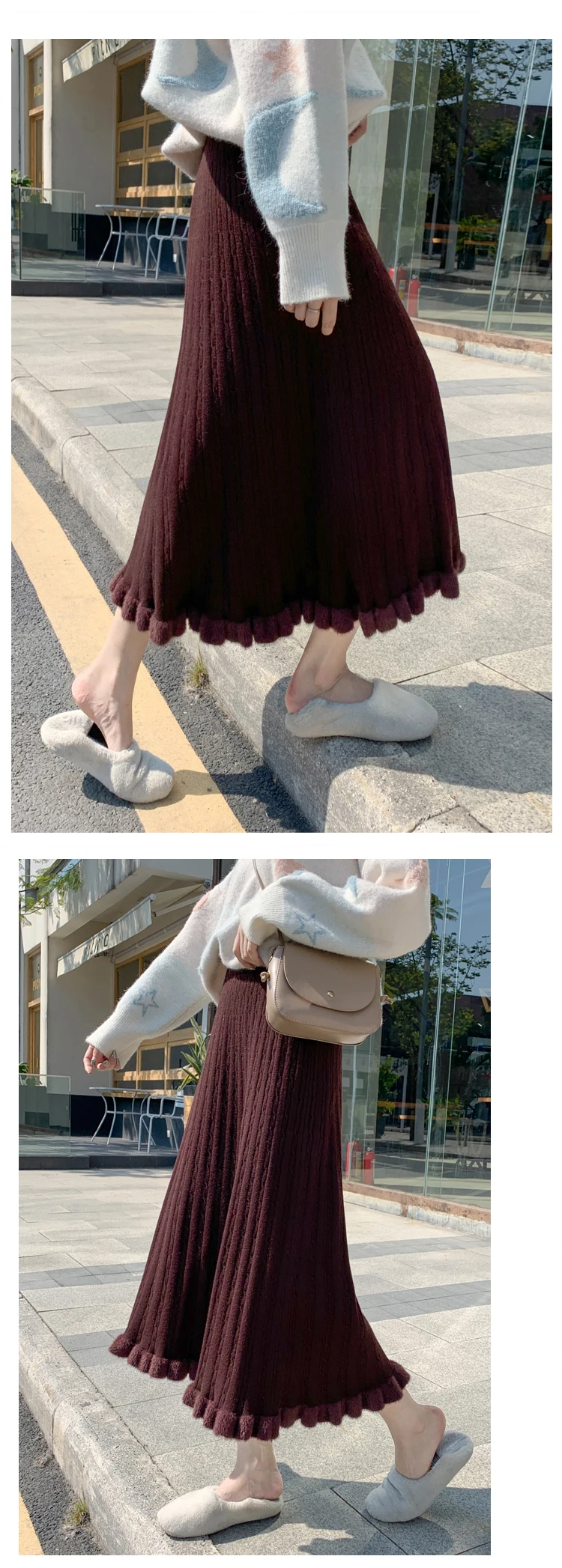 Elastic High Waist Patchwork Knitted Long Skirt Female Autumn Winter Elegant Slim Sweater Skirts Women Casual Falda Saia