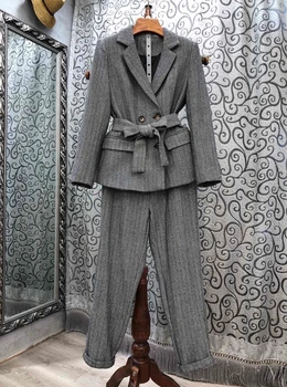 

2020 Early Autumn New Women's Lapel Buckle Belt Waist Hugging Long-Sleeved Suit + Trousers Casual Suit 903