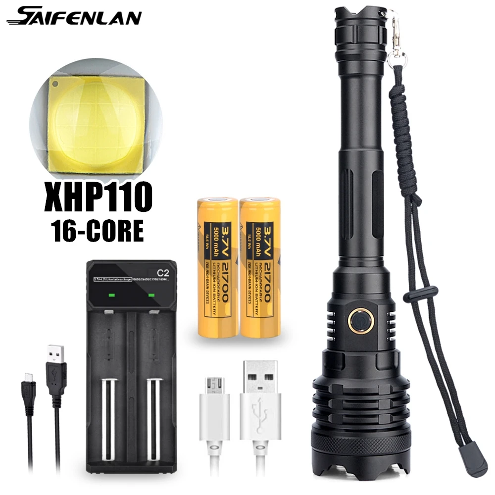 XHP110/160 Flashlight 16 Core LED USB Rechargeable Zoom Torch Lamp Light 21700 