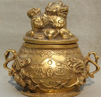 

161@g++5" Marked Chinese Brass Lion Beast Wealth Treasure Bowl Incense Burner Censer