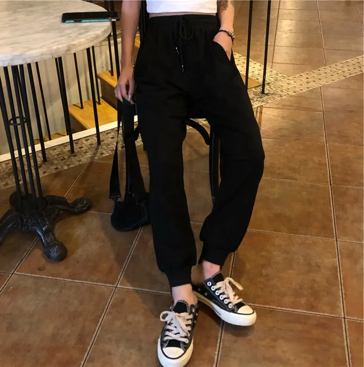 Korean chic White High Waist Harem Pants Women Casual Loose Black Long Pants Female Summer Pocket Lace-up Elastic Trousers