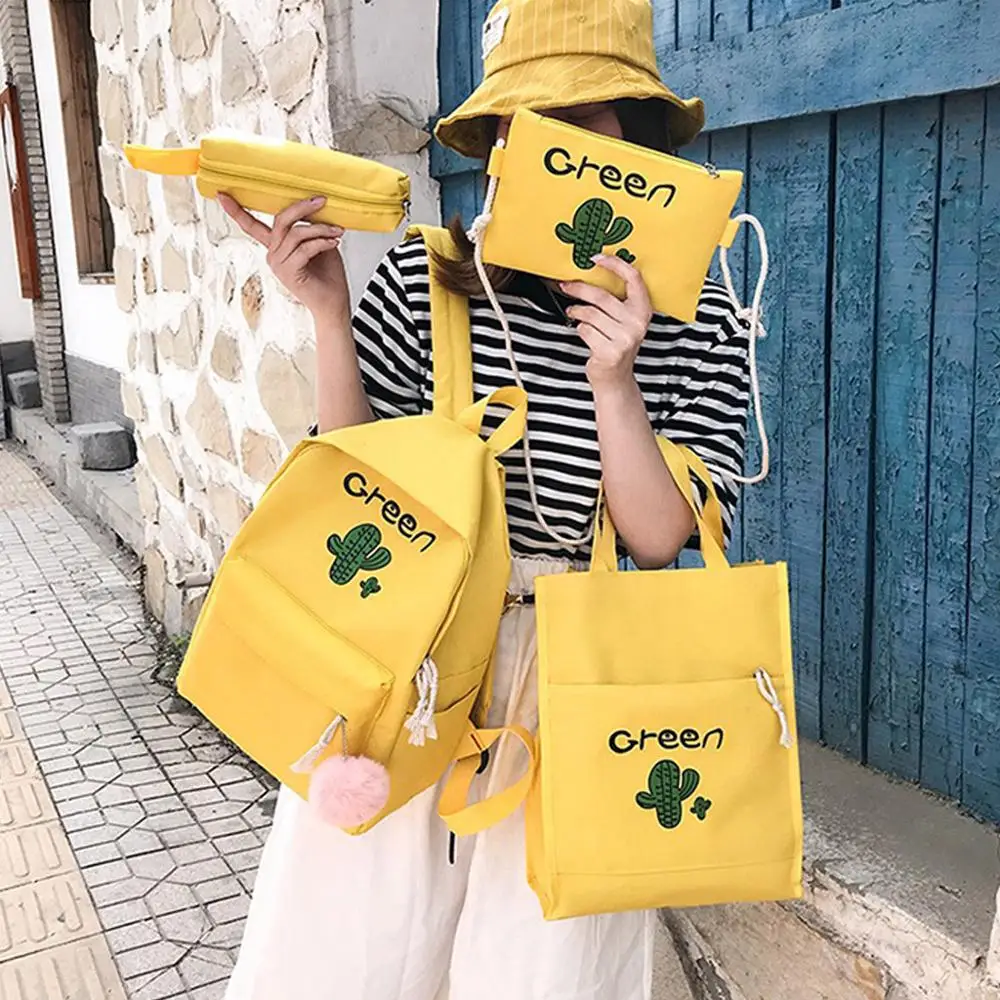 

Fashion School Backpack Set Cartoon Print Women's Canvas Backpack 4-Piece Zip Cartoon Print Backpack Large Capacity Rucksack #20