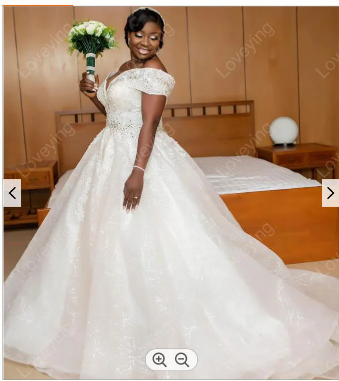 

African Plus Size Wedding Dresses Sweep Train Sequins Beaded Sweetheart Off Shoulder Lace Ballgown Bridal Gowns