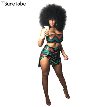 

Tsuretobe Wave Sequins 2 Piece Set Women Strapless Crop Top And Bandage Cross Mini Skirt Suit Night Club Matching Sets Female