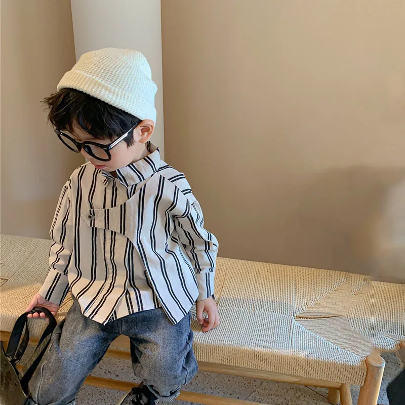 Children'S Shirts Boys' Baby Autumn Clothes Children'S Tops Spring Vertical Strips Stitching Design Boys' Long-Sleeved Shirts