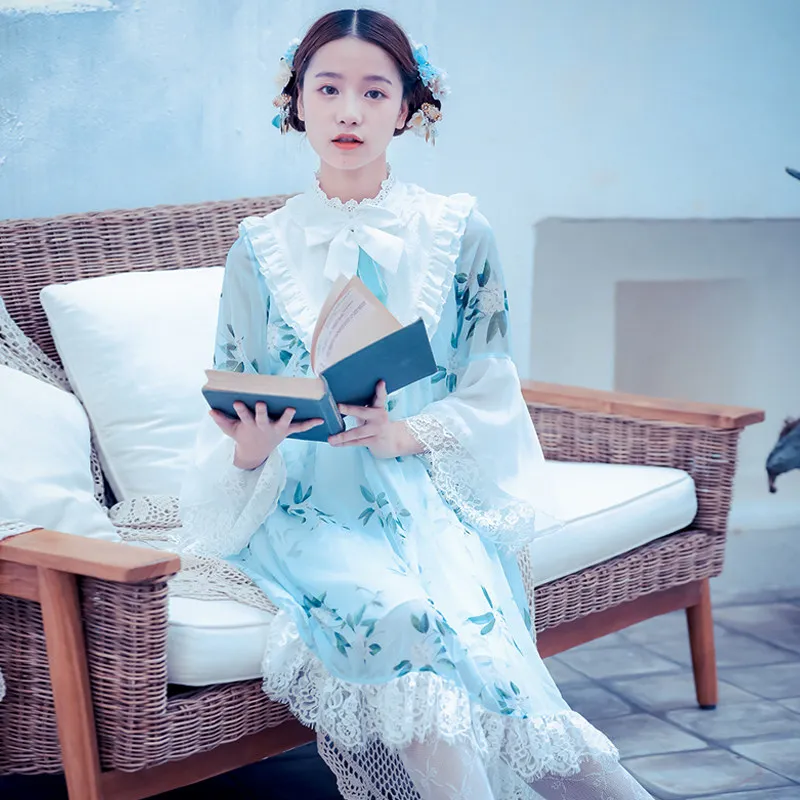 

Chinese style kawaii girl sweet lolita dress vintage stand lace bowknot flare sleeve printing kawaii dress loli gothic lolita op