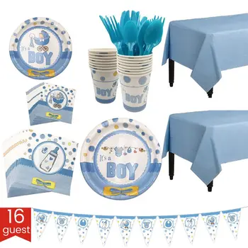 

127 Piece Party Supplies Set ，Serves 16，Including Plates, Cups, Table Napkins, Tablecloth and Banner, Knives, Spoons, Forks