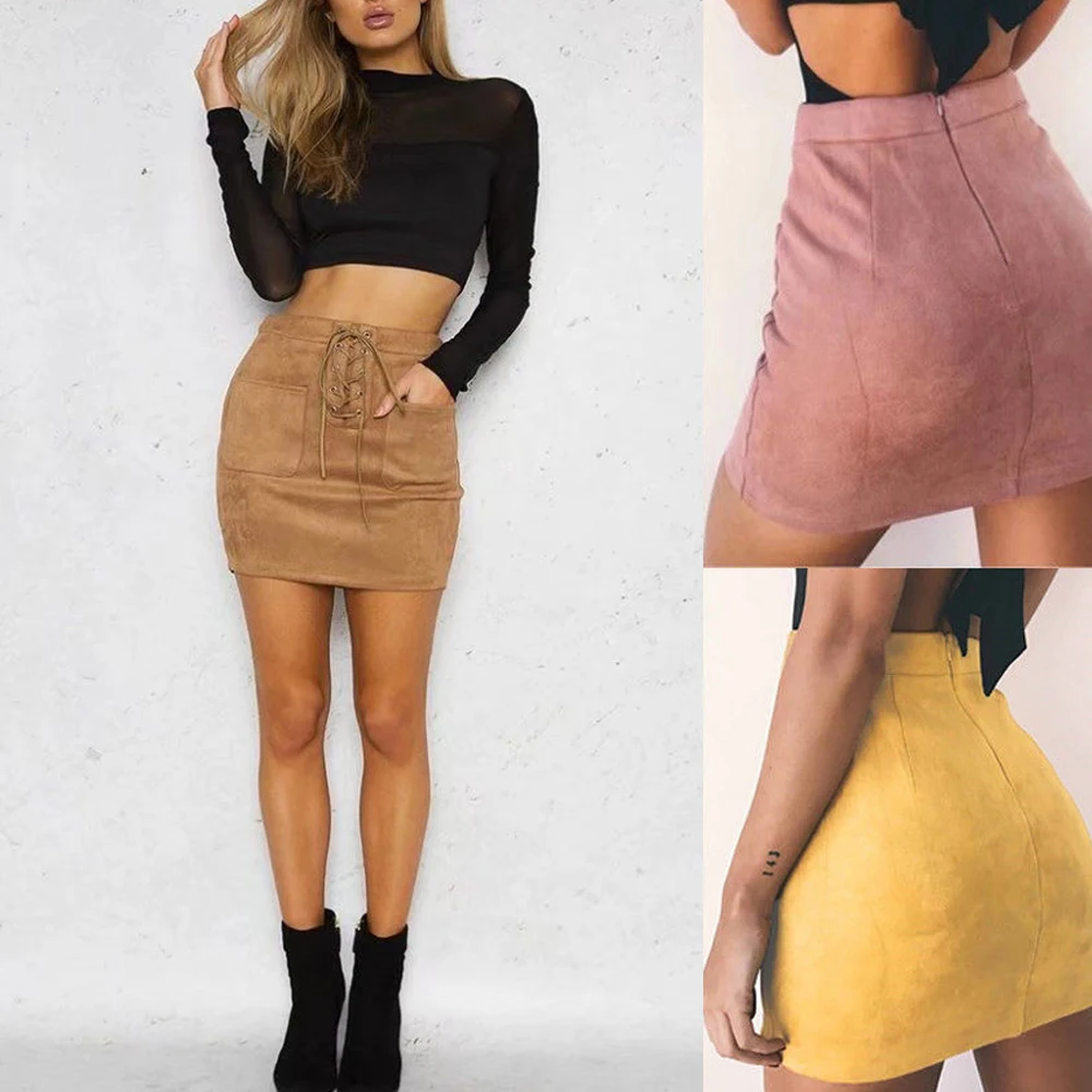 Women Leather Suede Pencil Skirts Short High Waist Bandage Solid Bandcon Sexy Party Wear Mini Skirts Slim Outwear For Women