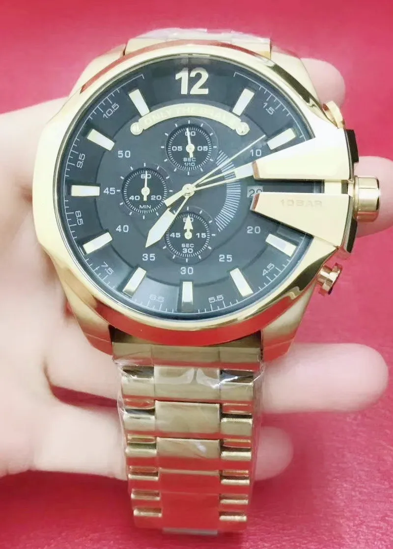 

Famous Brand New Stainless Steel Full Yellow Gold Men Watch Chronograph Sapphire Sport StopWatch Big Watches Black White Blue