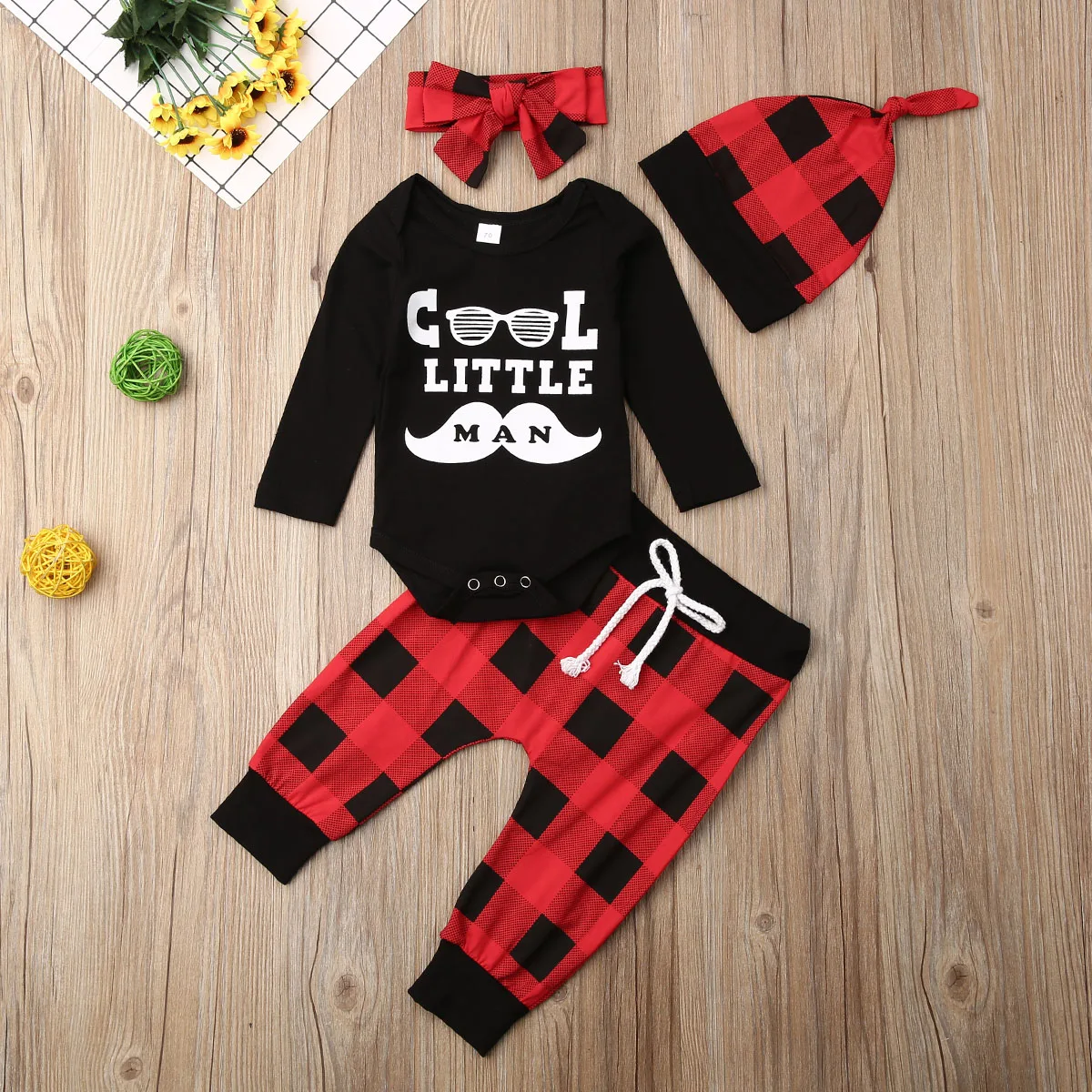 4PCs Infant Newborn Baby Boy Girl Sets Letter Long Sleeve Romper Red Plaid Pants Hat Bowknot Outfits Cute Casual Clothes 0-24M