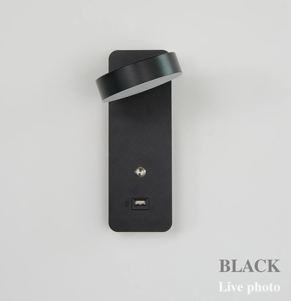 Lâmpada de Parede Interior para Cabeceira Botão Interruptor Regulável Carga Usb Luz Parede 9 w Branco - Preto Iluminação Escada Arandela Luminaria Led 5 Lâmpada de parede led botão interruptor regulável