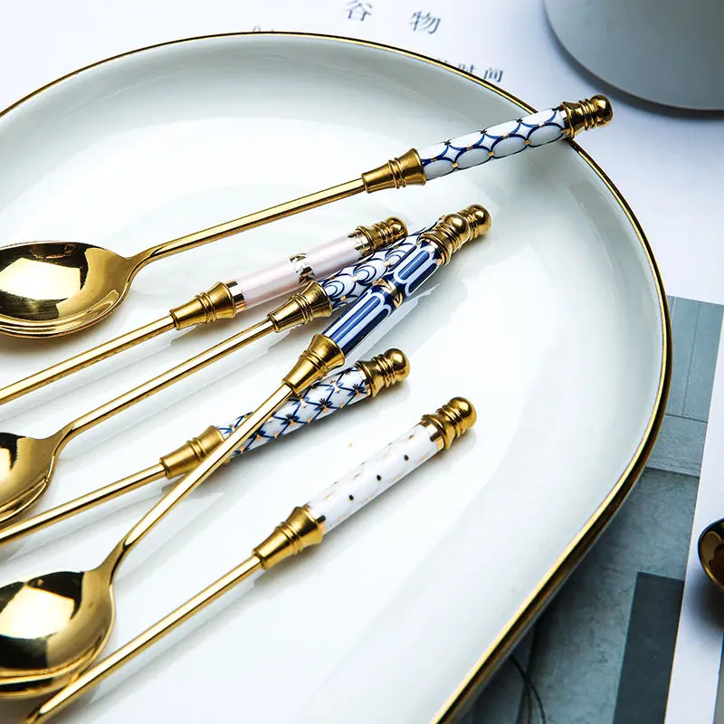 Stainless Steel Dessert Spoon Gold Coffee Milk Spoon With Ceramic Long Handle Ice Cream Fruit Cake Honey Stirring Spoons stainless steel spoon tea spoon