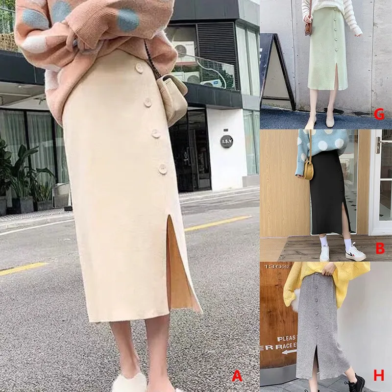 Spring Autumn Knitted Hip Skirt Split Slim Solid Color High Waist Mid-calf Female Korean Style Preppy Skirts