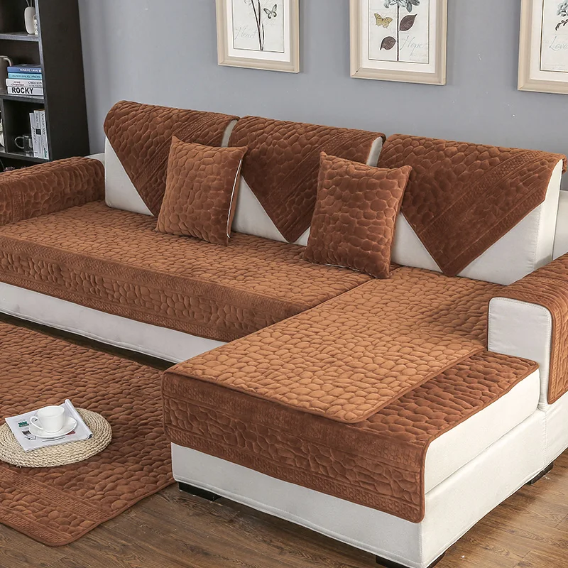 Чехлы для гостиной, дивана, набивные Короткие Плюшевые каменные зерна, полотенце, Нескользящие, высокое качество, теплая подушка для дивана - Цвет: Brown