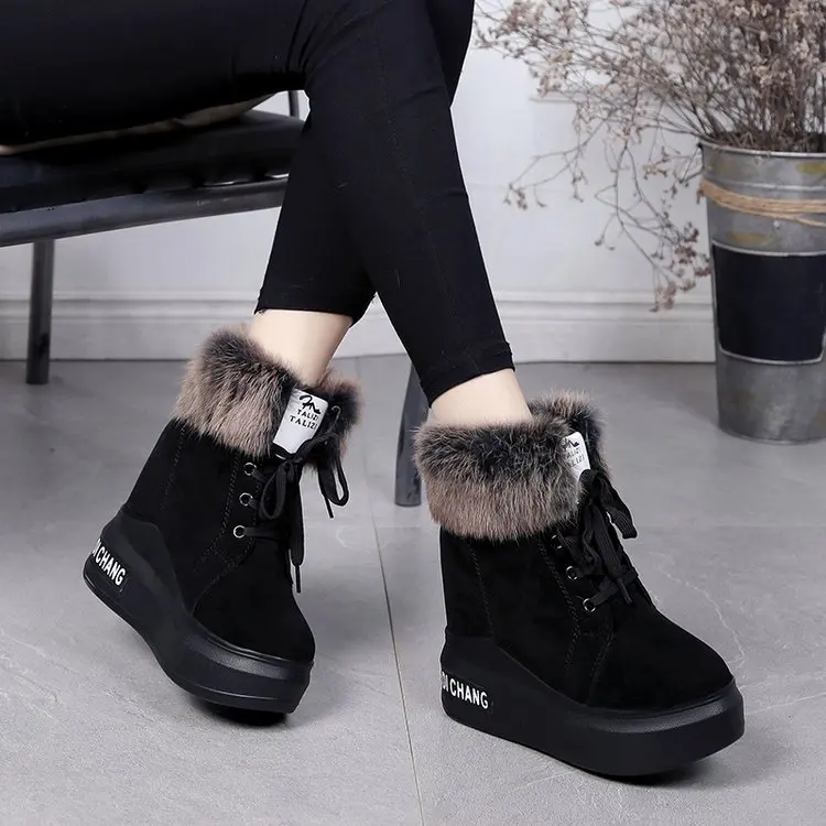 

Women's boots with lace-up front and short short round toe high-heeled Martin boots plus velvet women's snow boots cotton shoes