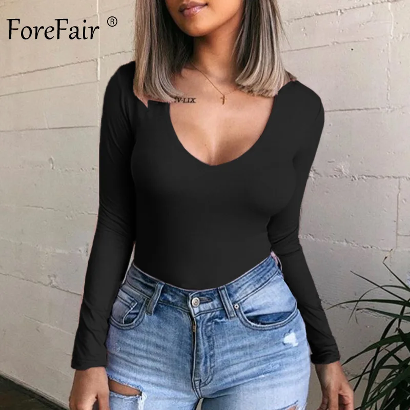 Женское облегающее боди Forefair черное с v образным вырезом на осень и зиму 2019|Боди| |