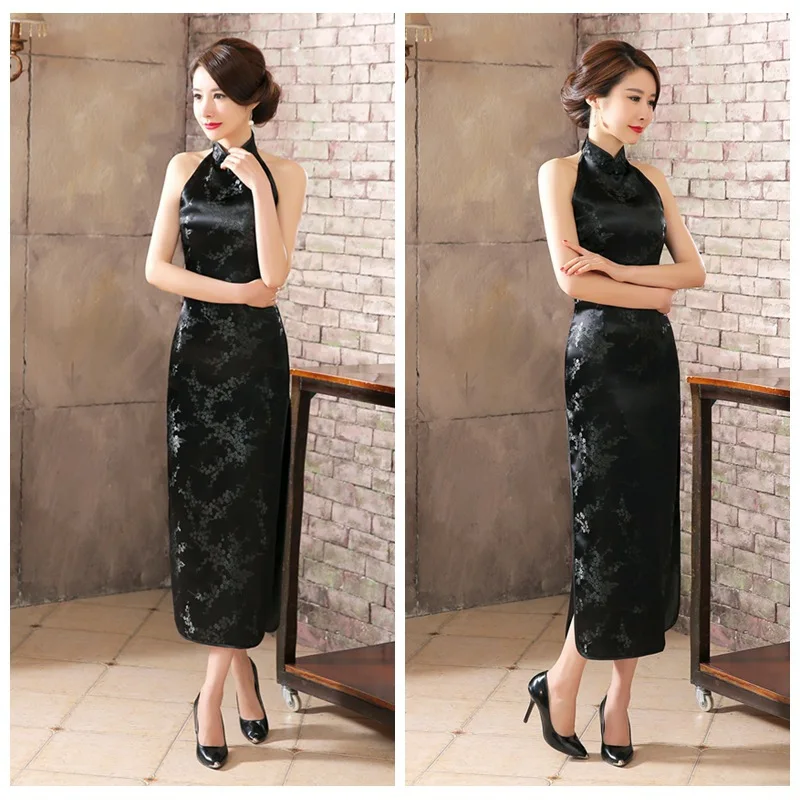 Black B Классическое женское китайское платье с открытой спиной длинное атласное Qipao сексуальное Cheongsam Новинка сценическое шоу одежда - Цвет: Black B