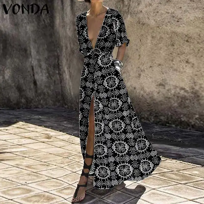

Plus Size Sundress VONDA Women Summer Dress Sexy Short Sleeve Split Hem Party Maxi Long Dress Beach Casual Loose Print Vestidos