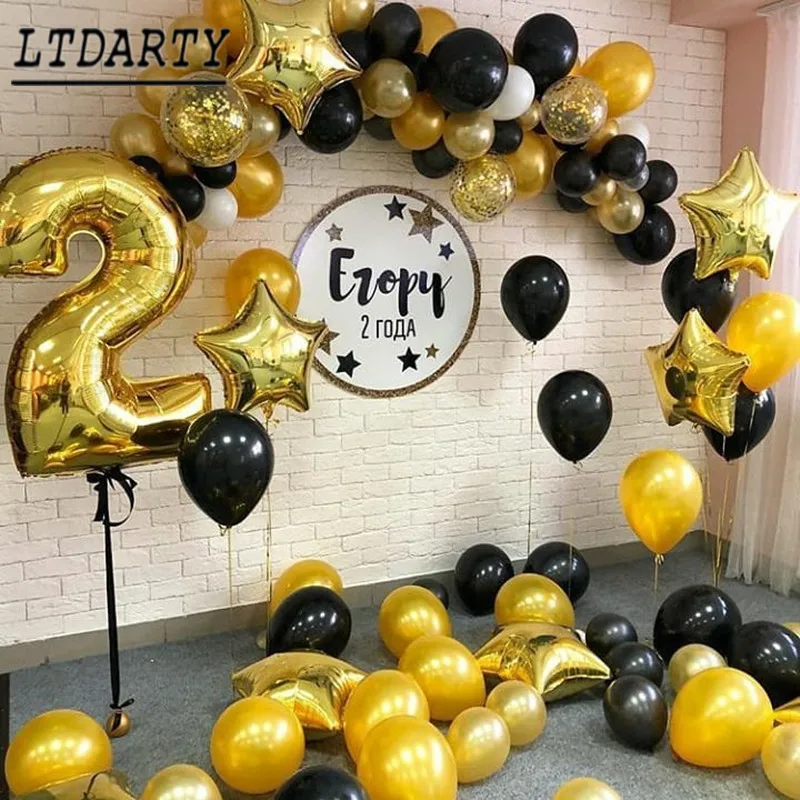 1pc party decoration black gold digital confetti mesh 4d balloon baby 2 years old birthday theme party decoration