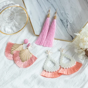 

For Women Pink New Fashion Bohemian Tassel Earrings Crystal Long Big Silk Fabric Drop Dangle Tassel Earrings 2020 Jewelry Gift