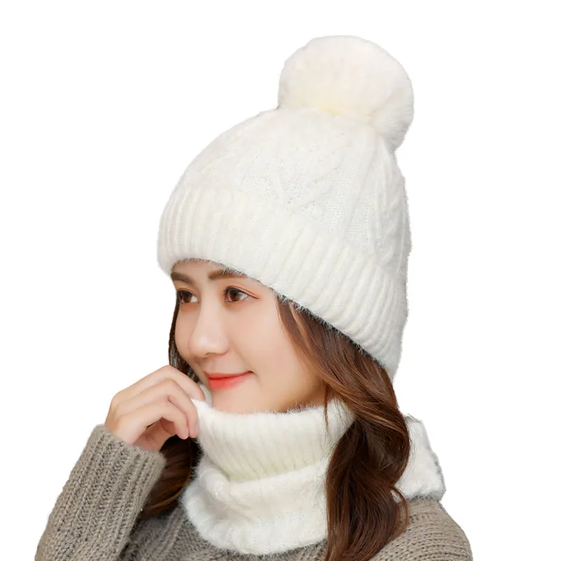 

SUOGRY Women Thicken Snow Ski Cap Beanies New Fashion Winter Fur Pompons Beanie Hats Female Warm Skullies Balaclava + Knit Hat Set