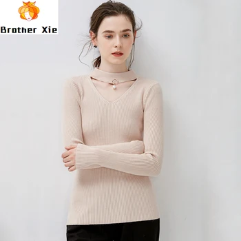 

2020 New Slim Halter Knitted Sweater Autumn Women V Neck Knitted Pullover Female Casual Elastic Sweater Long Sleeve Tops