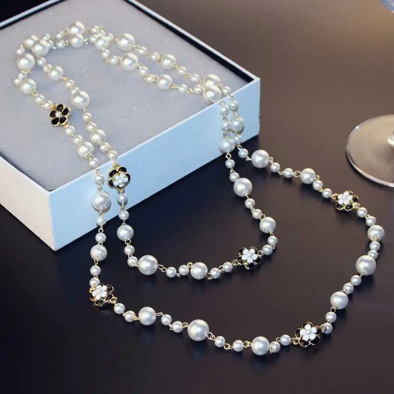Long Pearl Camellia Flower Necklace Fashion Multi-layer Sweater Chain for woman | Украшения и аксессуары